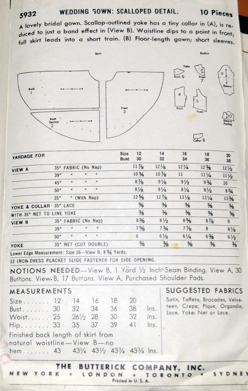 1950s Vintage Wedding Dress Bridesmaid Pattern Butterick 5932 34B