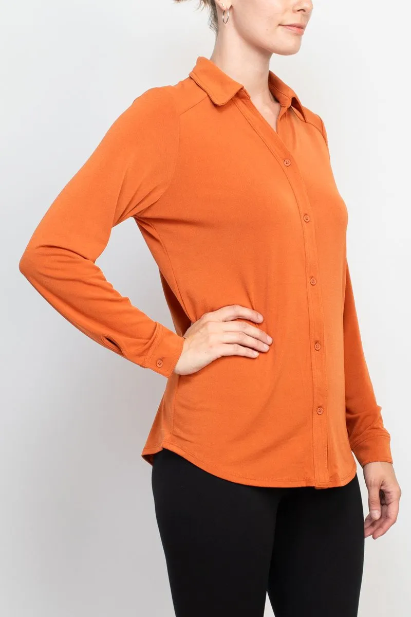 Adrianna Papell collared long sleeve button front solid knit moss crepe shirt