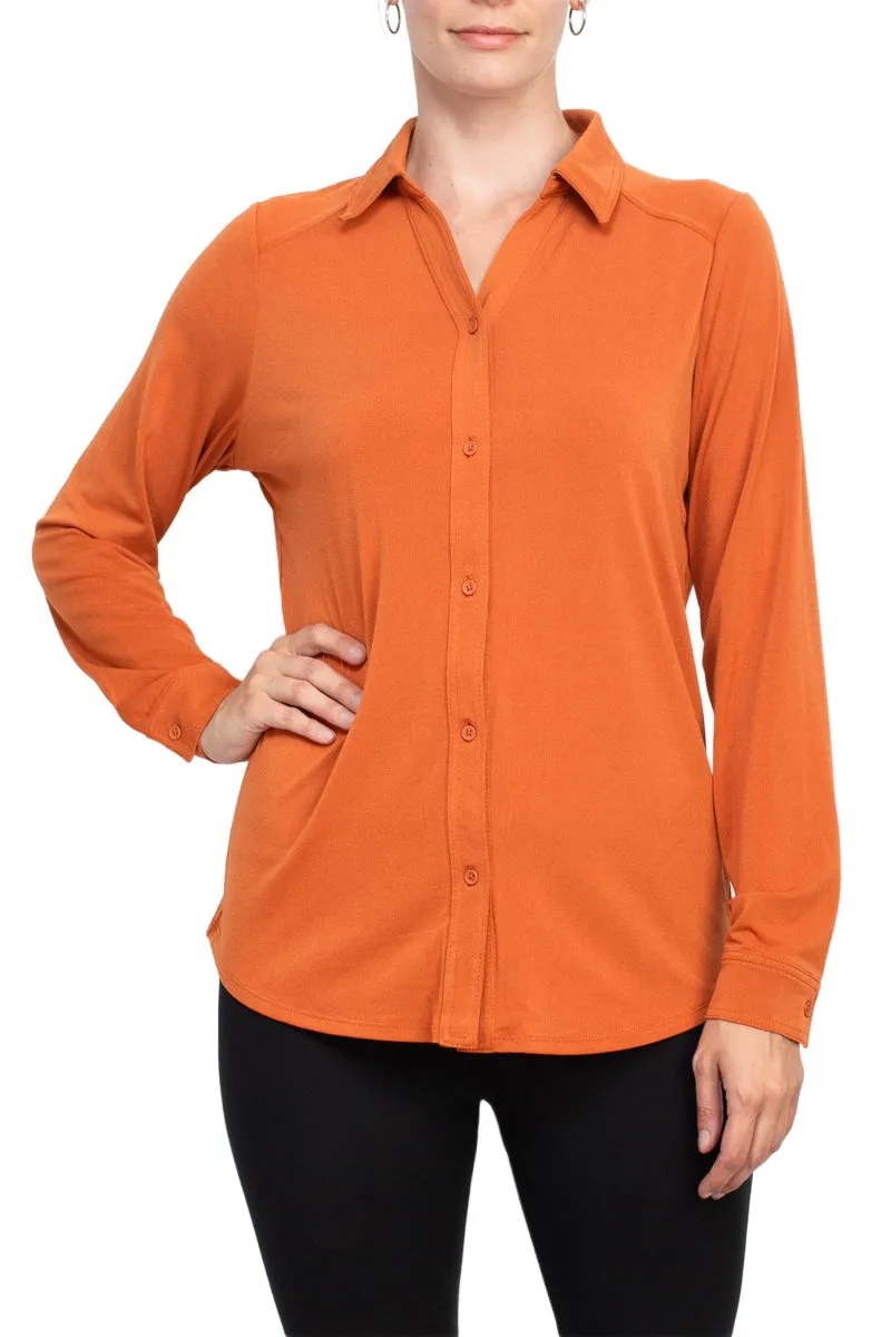 Adrianna Papell collared long sleeve button front solid knit moss crepe shirt