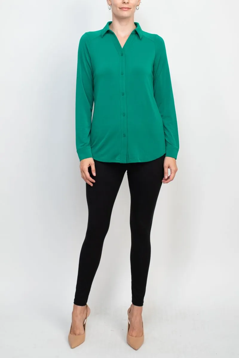 Adrianna Papell collared long sleeve button front solid knit moss crepe shirt