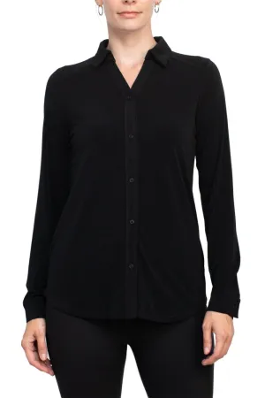 Adrianna Papell collared long sleeve button front solid knit moss crepe shirt