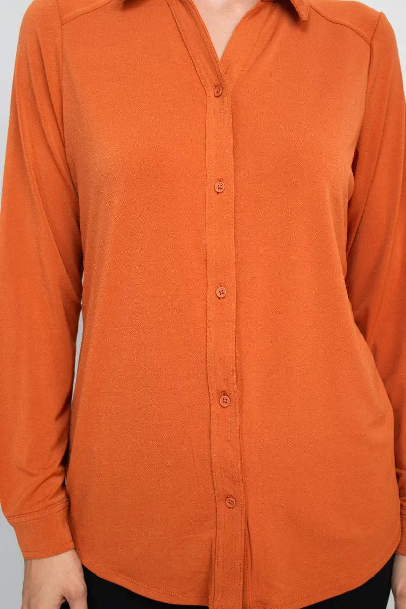 Adrianna Papell collared long sleeve button front solid knit moss crepe shirt