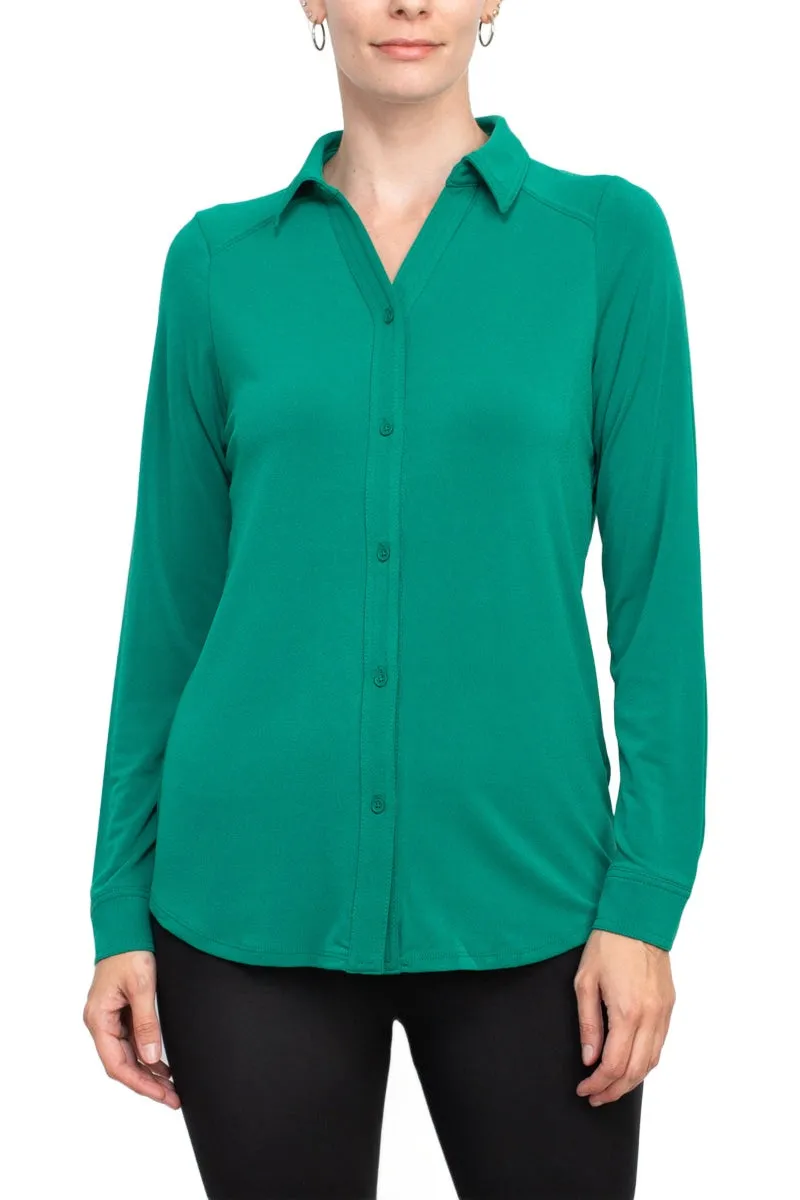 Adrianna Papell collared long sleeve button front solid knit moss crepe shirt