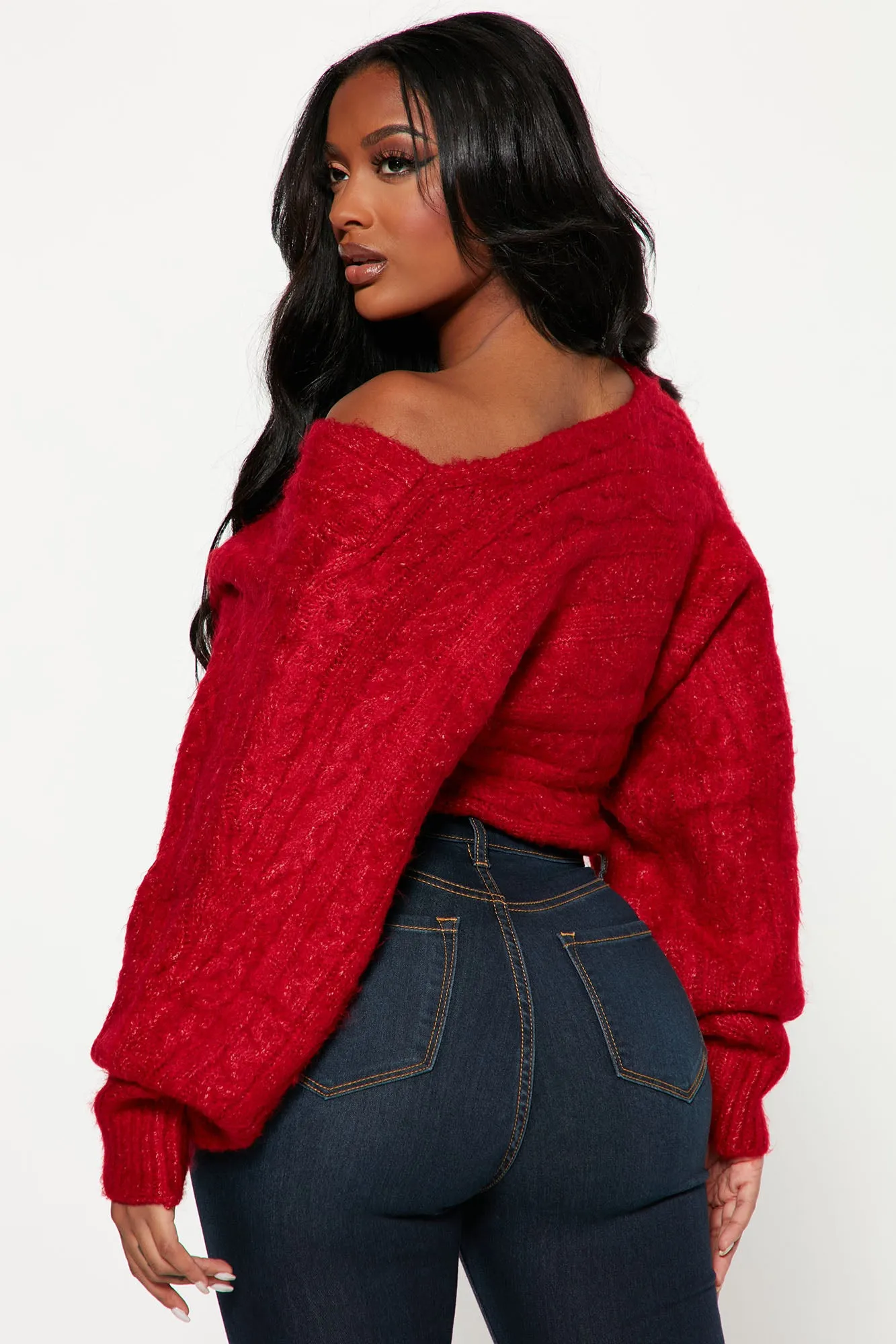 All Things Sweet Cable Knit Crossover Sweater - Red