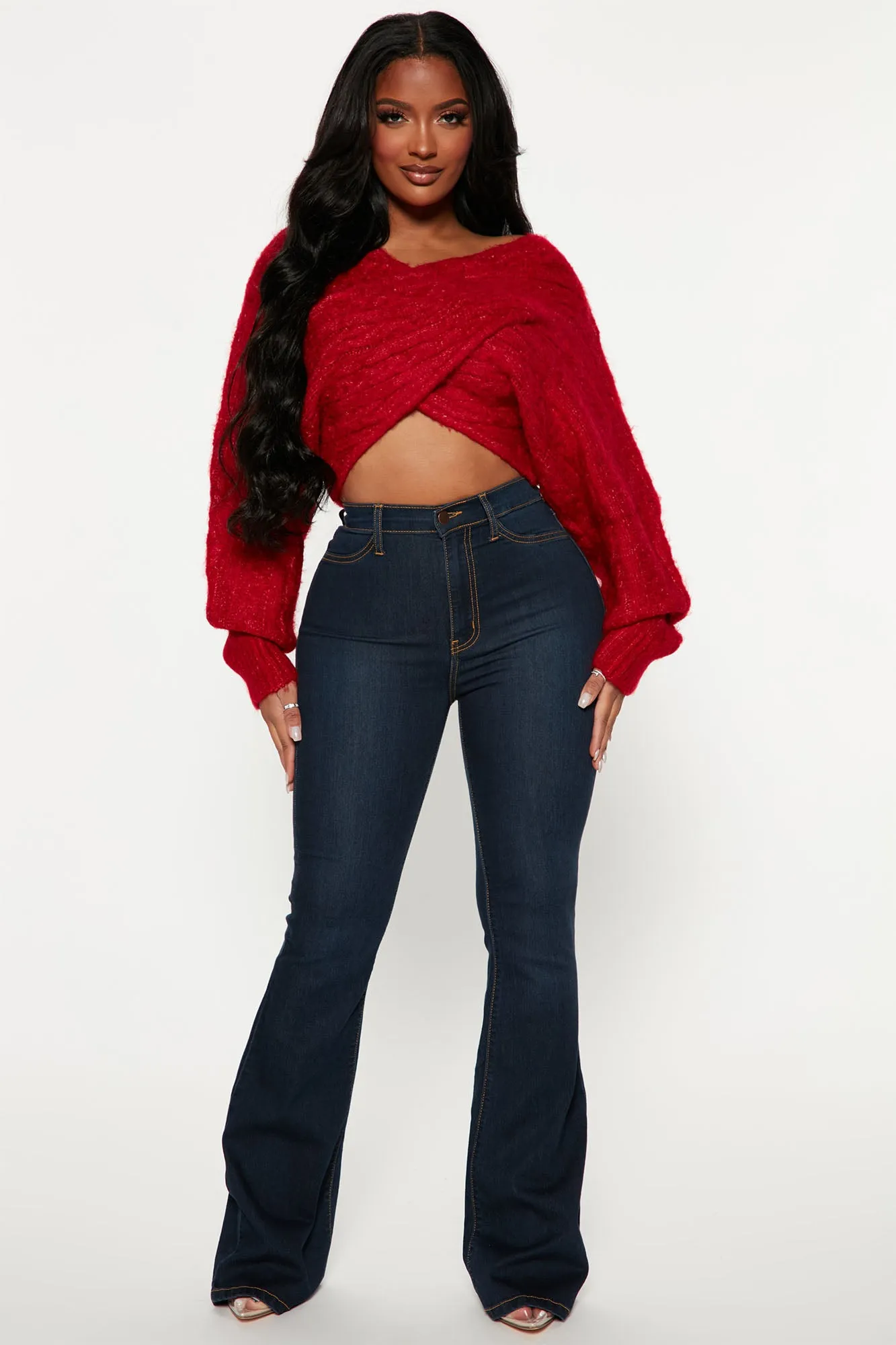 All Things Sweet Cable Knit Crossover Sweater - Red