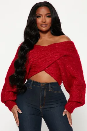 All Things Sweet Cable Knit Crossover Sweater - Red