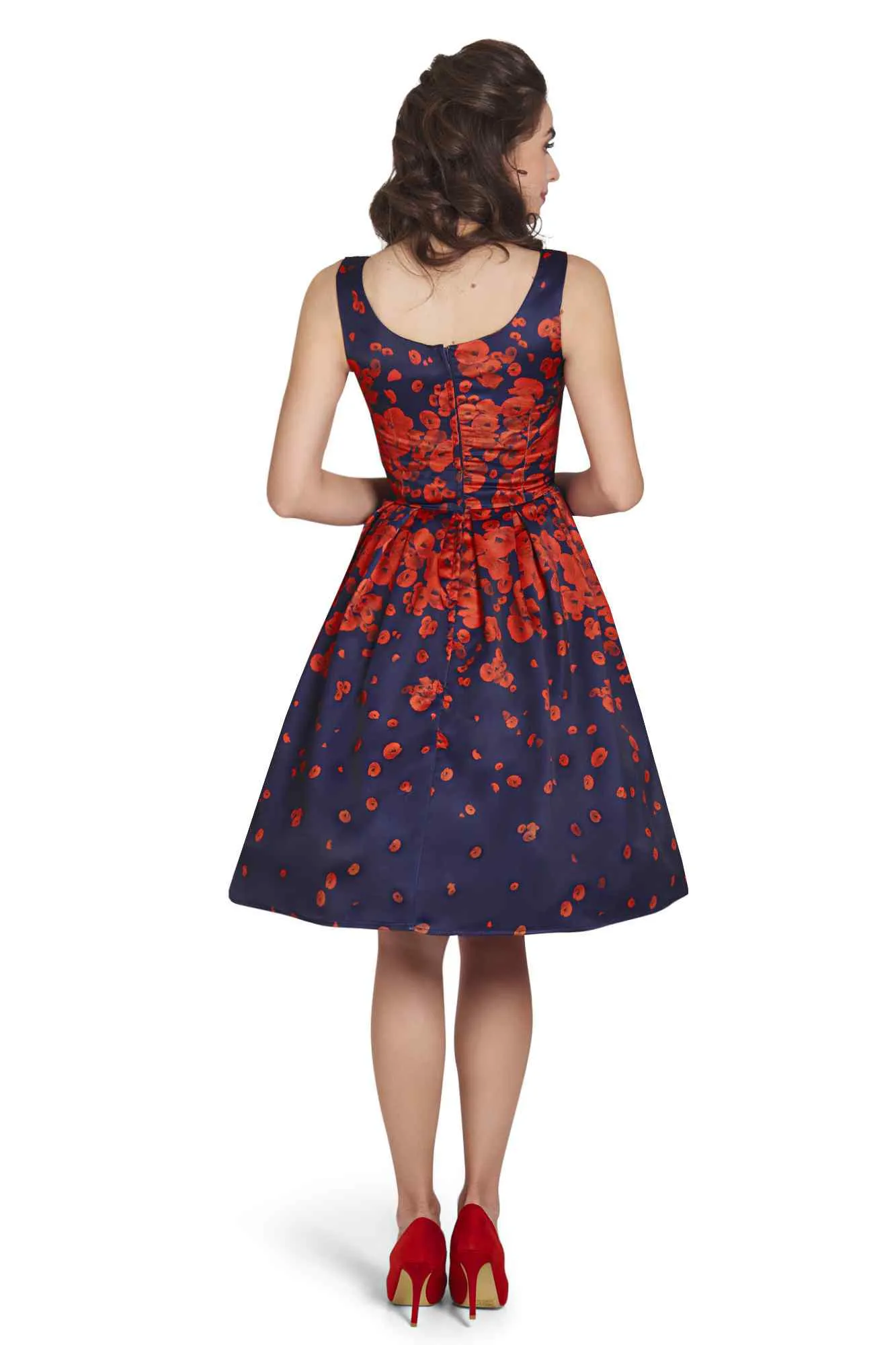 Amanda 50s Inspired Swing Dress Navy with Poppy Flowers