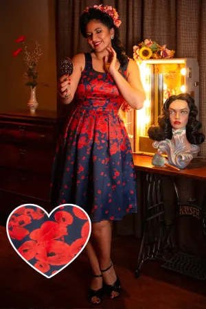 Amanda 50s Inspired Swing Dress Navy with Poppy Flowers