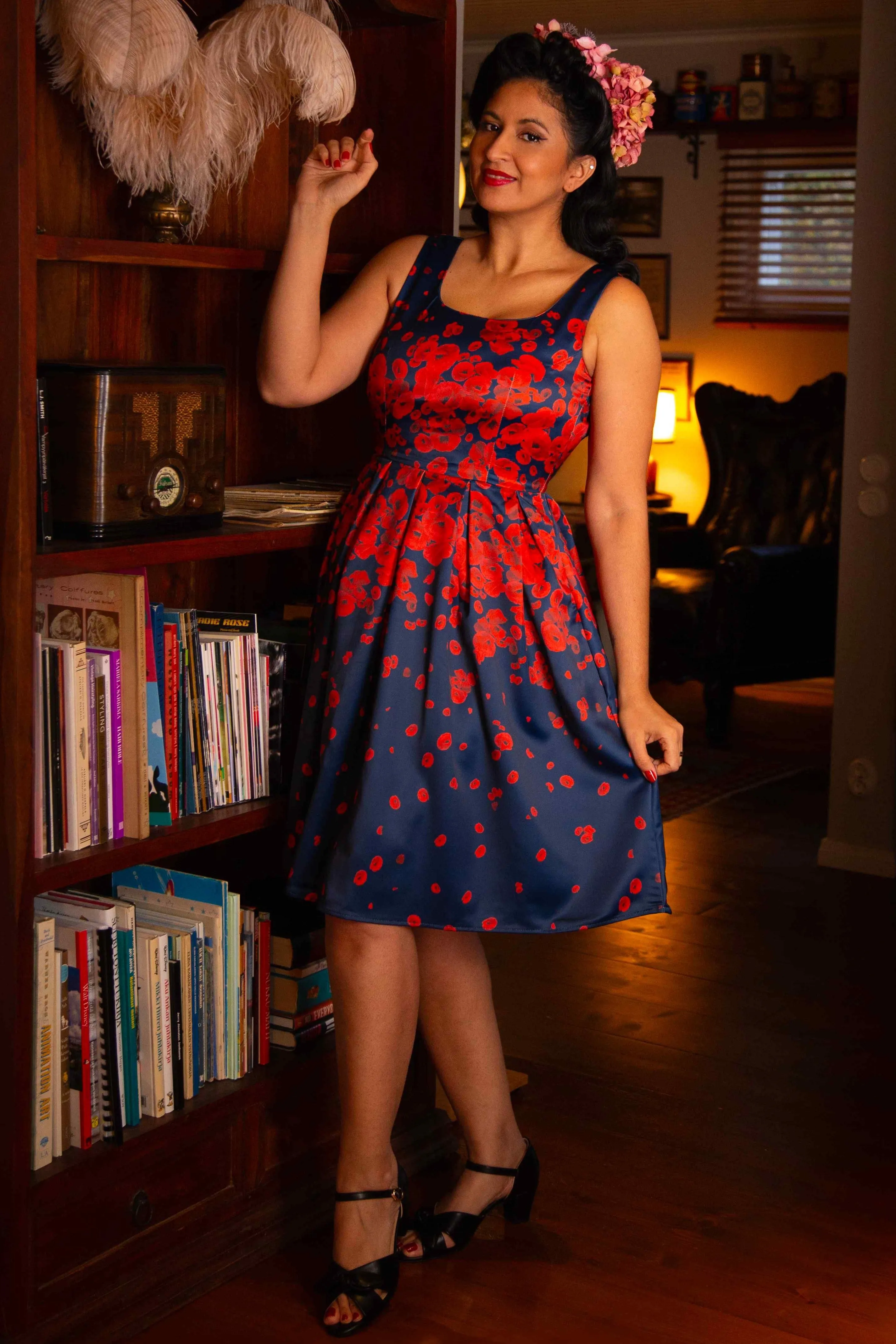 Amanda 50s Inspired Swing Dress Navy with Poppy Flowers