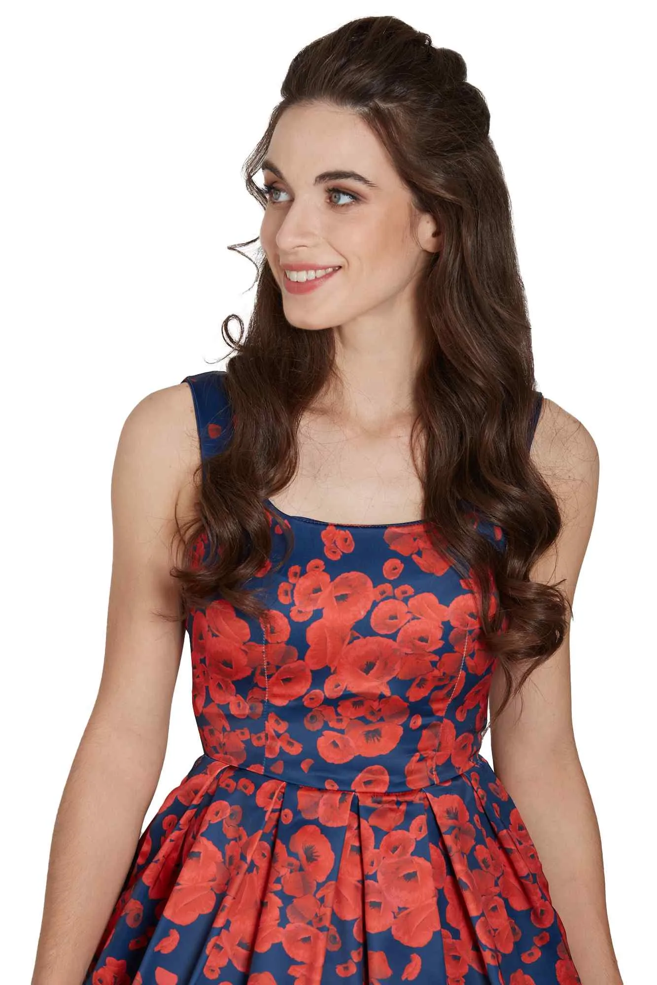 Amanda 50s Inspired Swing Dress Navy with Poppy Flowers