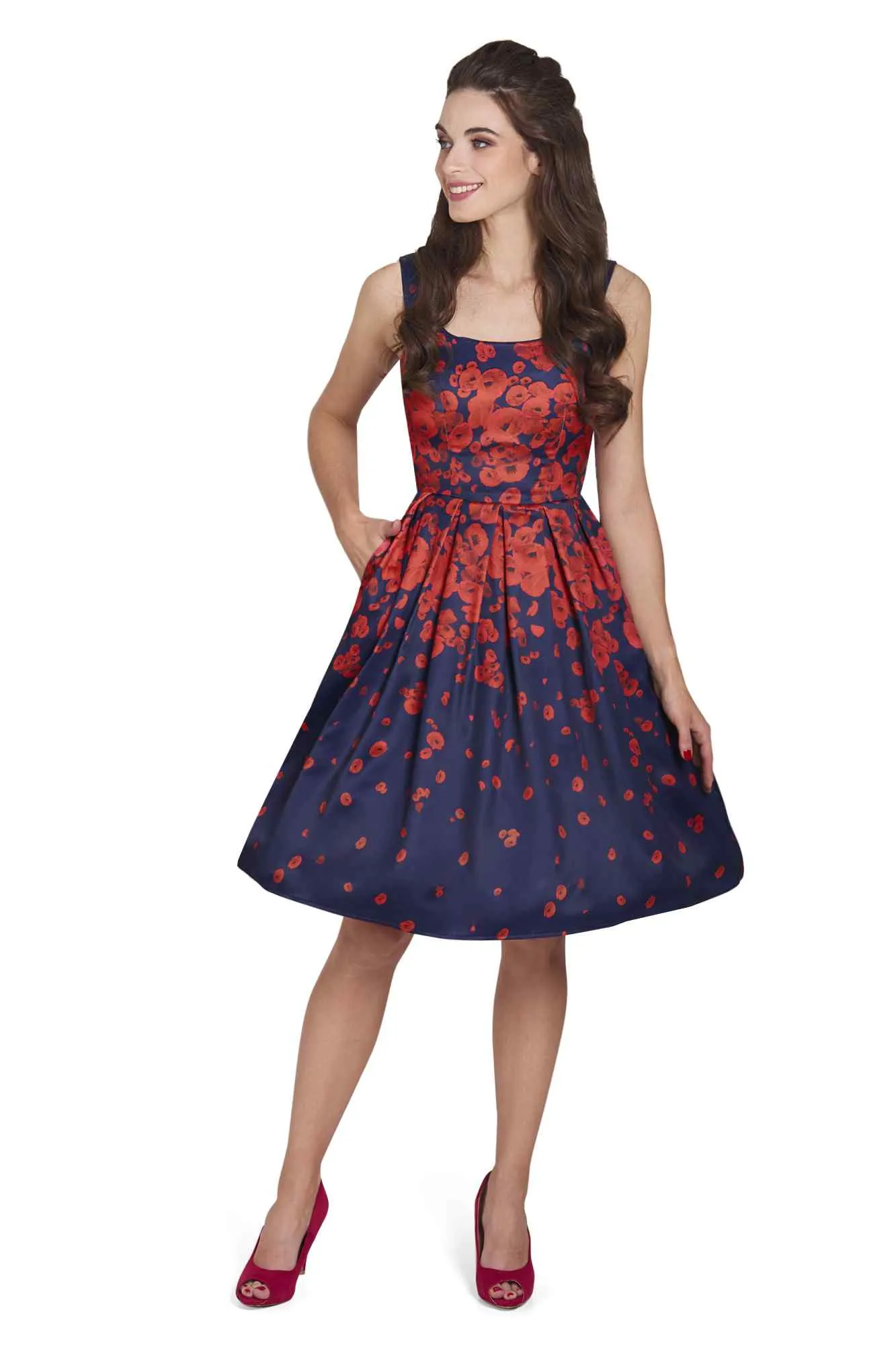 Amanda 50s Inspired Swing Dress Navy with Poppy Flowers