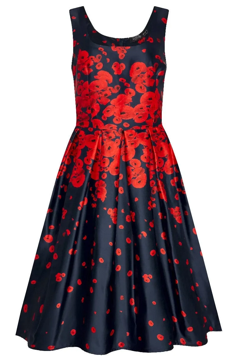 Amanda 50s Inspired Swing Dress Navy with Poppy Flowers