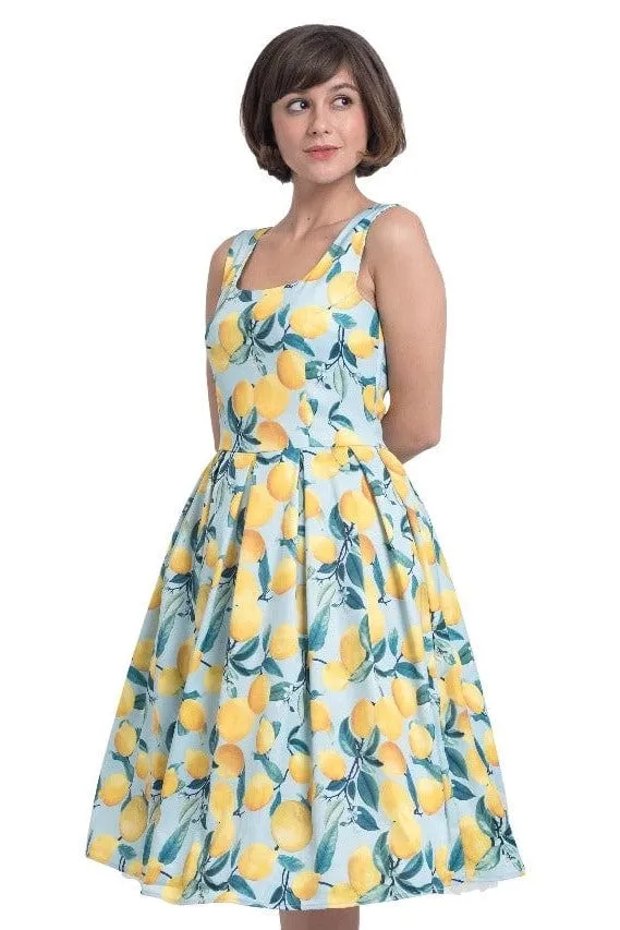 Amanda Vintage Inspired Lemon Print Dress in Pale Blue with Hidden Pockets & a Scoop Neckline