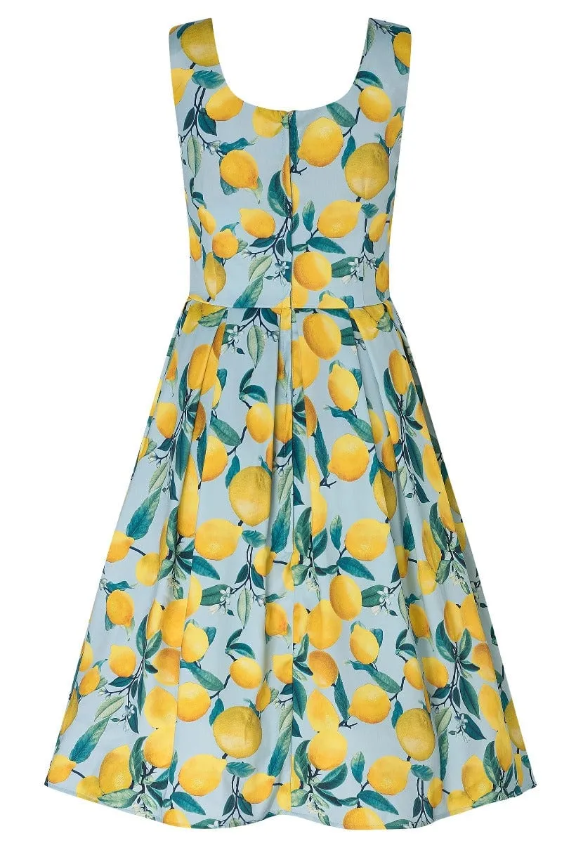 Amanda Vintage Inspired Lemon Print Dress in Pale Blue with Hidden Pockets & a Scoop Neckline