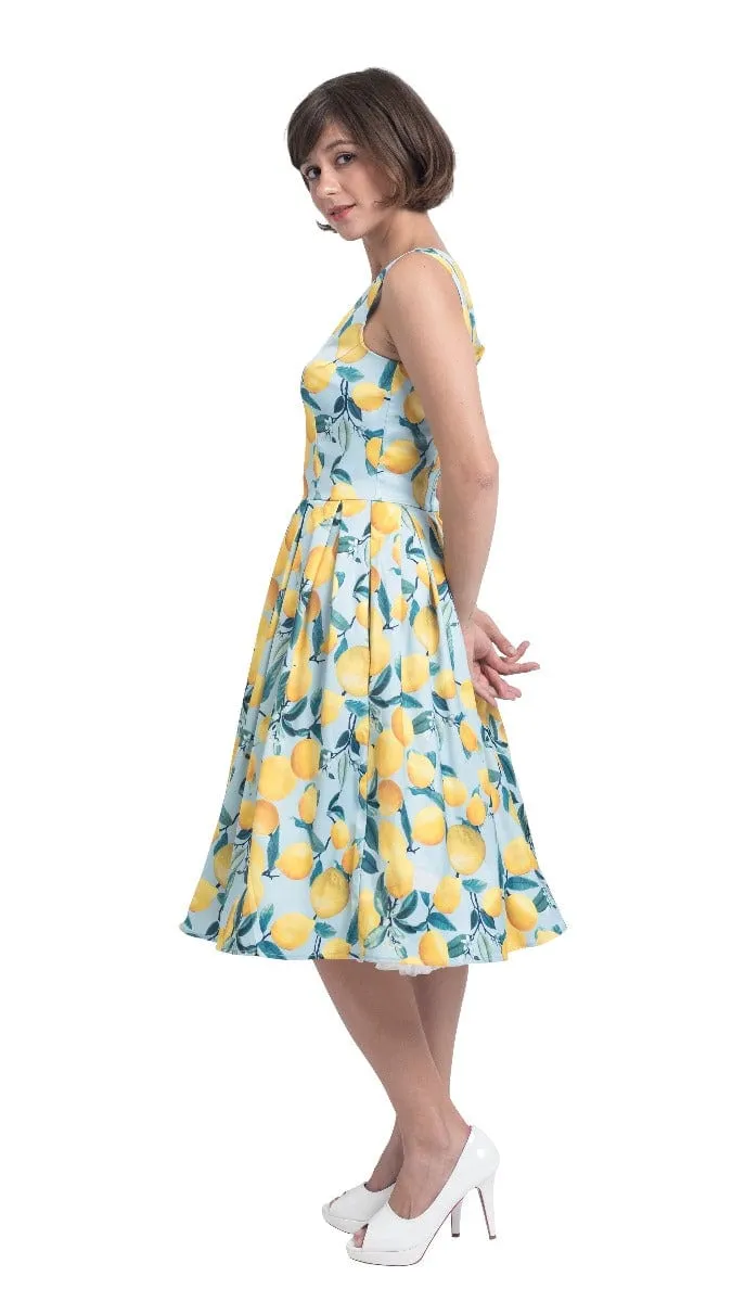 Amanda Vintage Inspired Lemon Print Dress in Pale Blue with Hidden Pockets & a Scoop Neckline