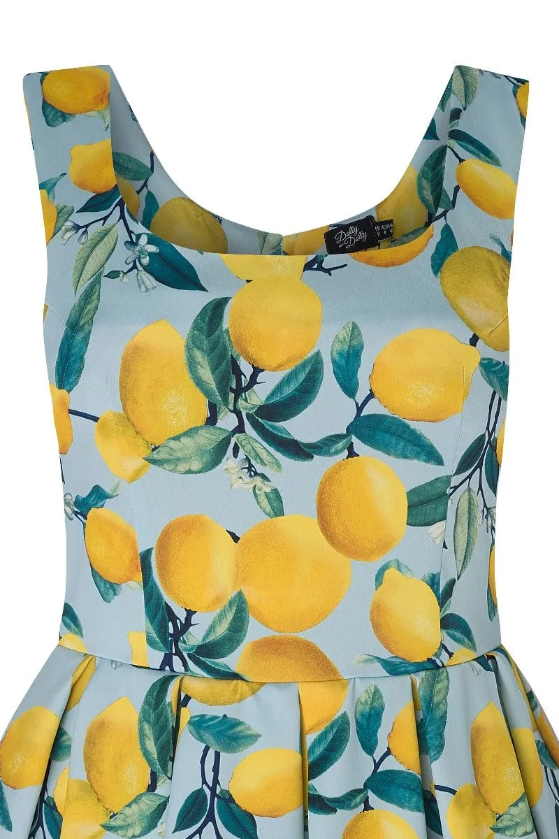 Amanda Vintage Inspired Lemon Print Dress in Pale Blue with Hidden Pockets & a Scoop Neckline