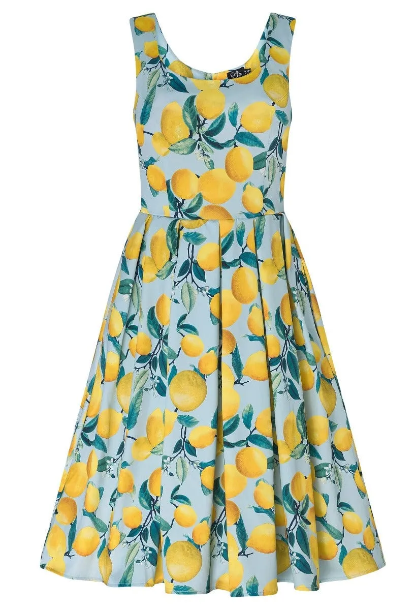 Amanda Vintage Inspired Lemon Print Dress in Pale Blue with Hidden Pockets & a Scoop Neckline