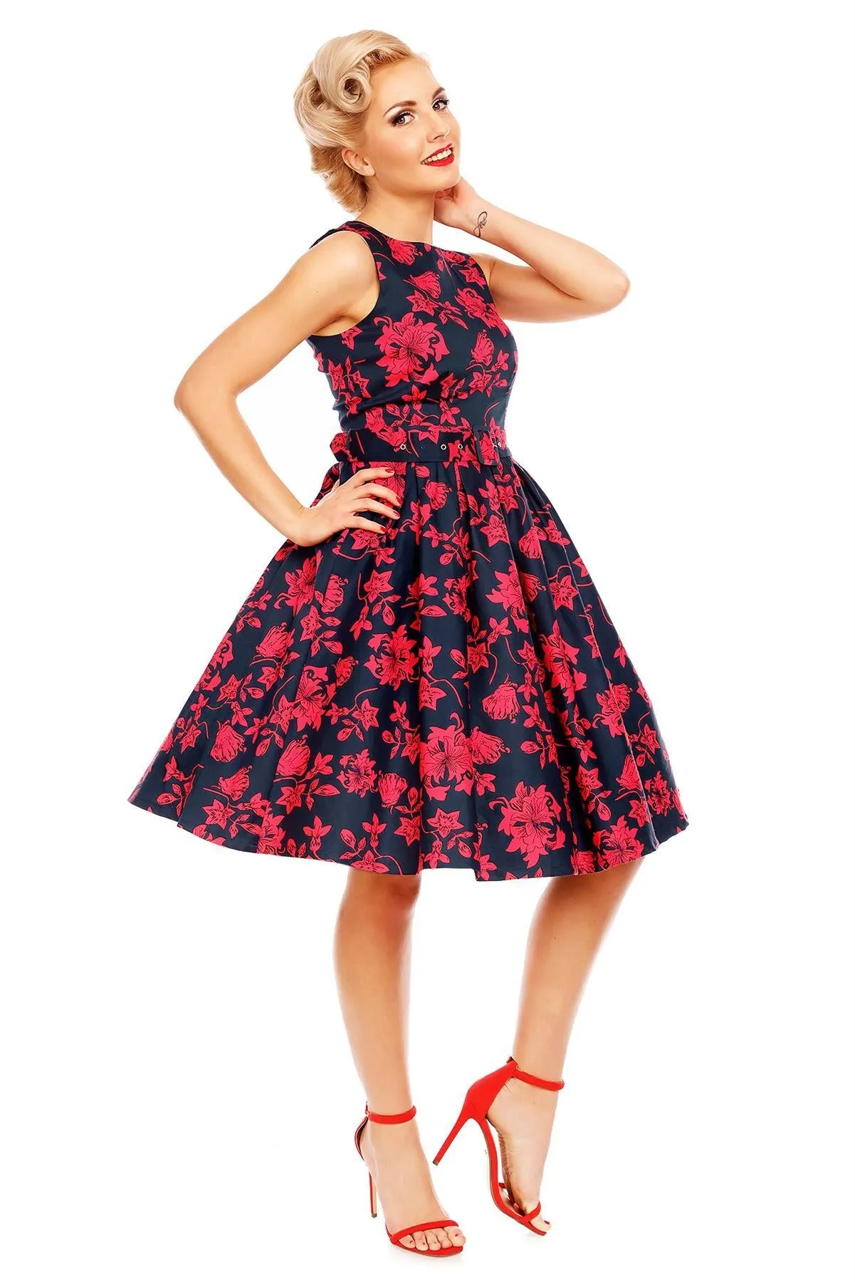 Annie Retro Swing Dress in Navy Blue/Red Floral Print