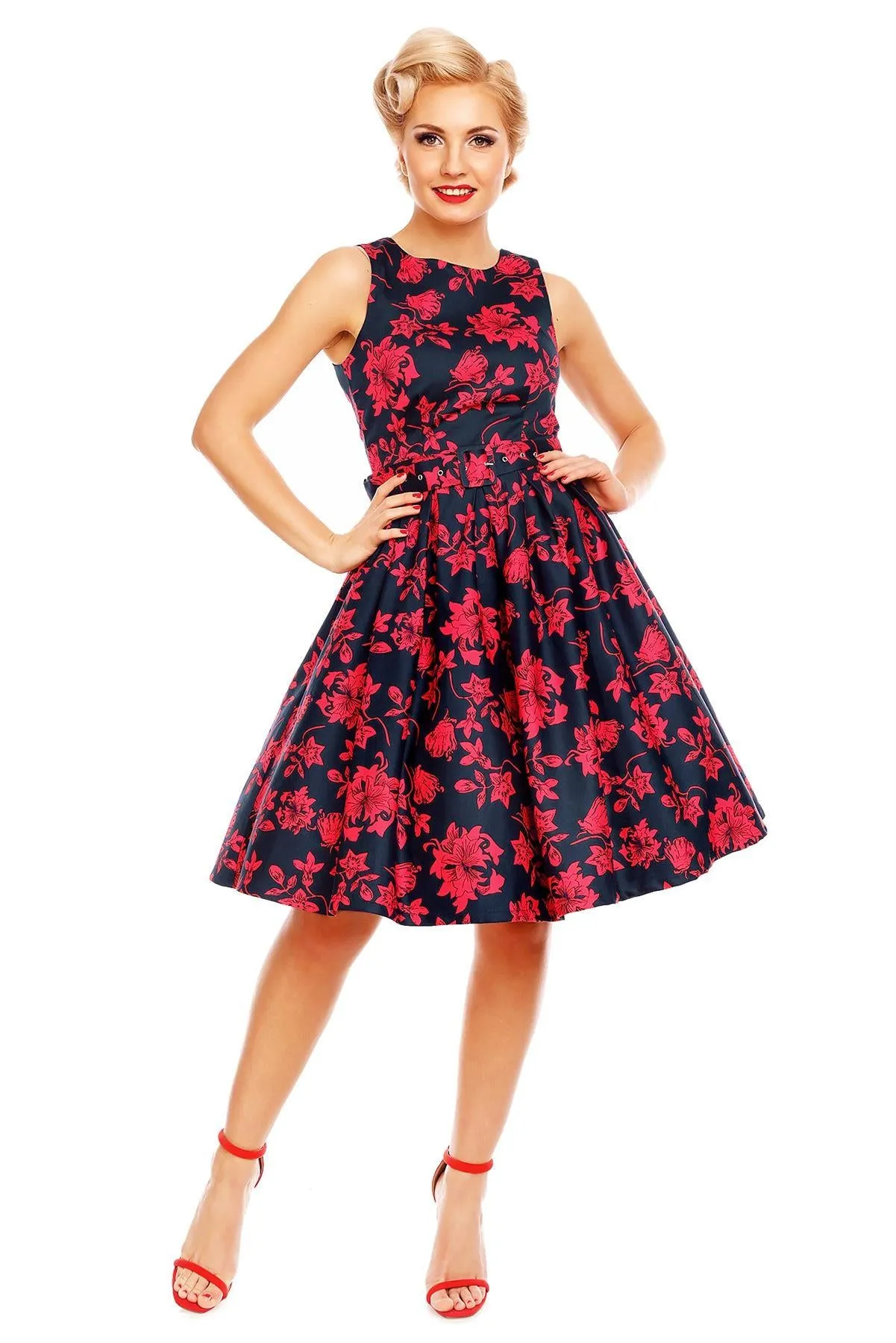 Annie Retro Swing Dress in Navy Blue/Red Floral Print