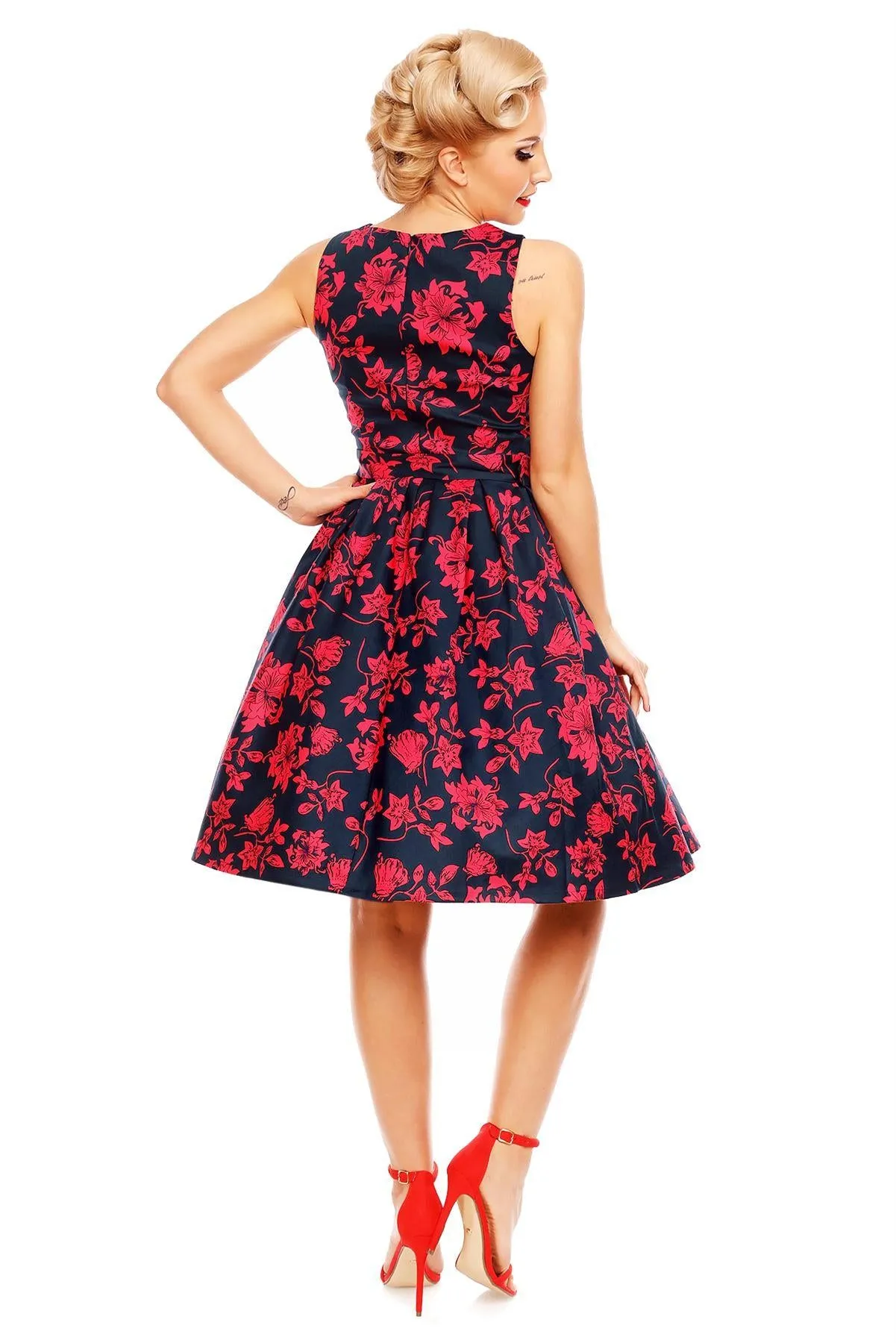 Annie Retro Swing Dress in Navy Blue/Red Floral Print