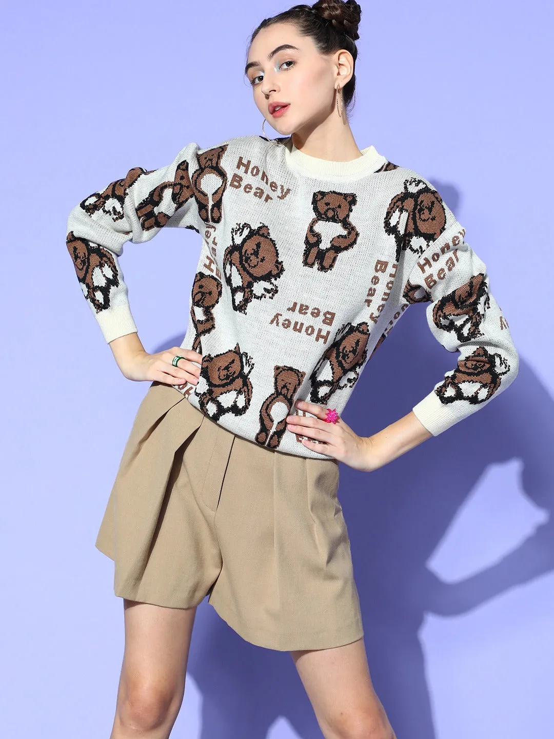 Berrylush Women Grey & Brown Teddy Bear Printed Round Neck Acrylic Ribbed Hem Pullover