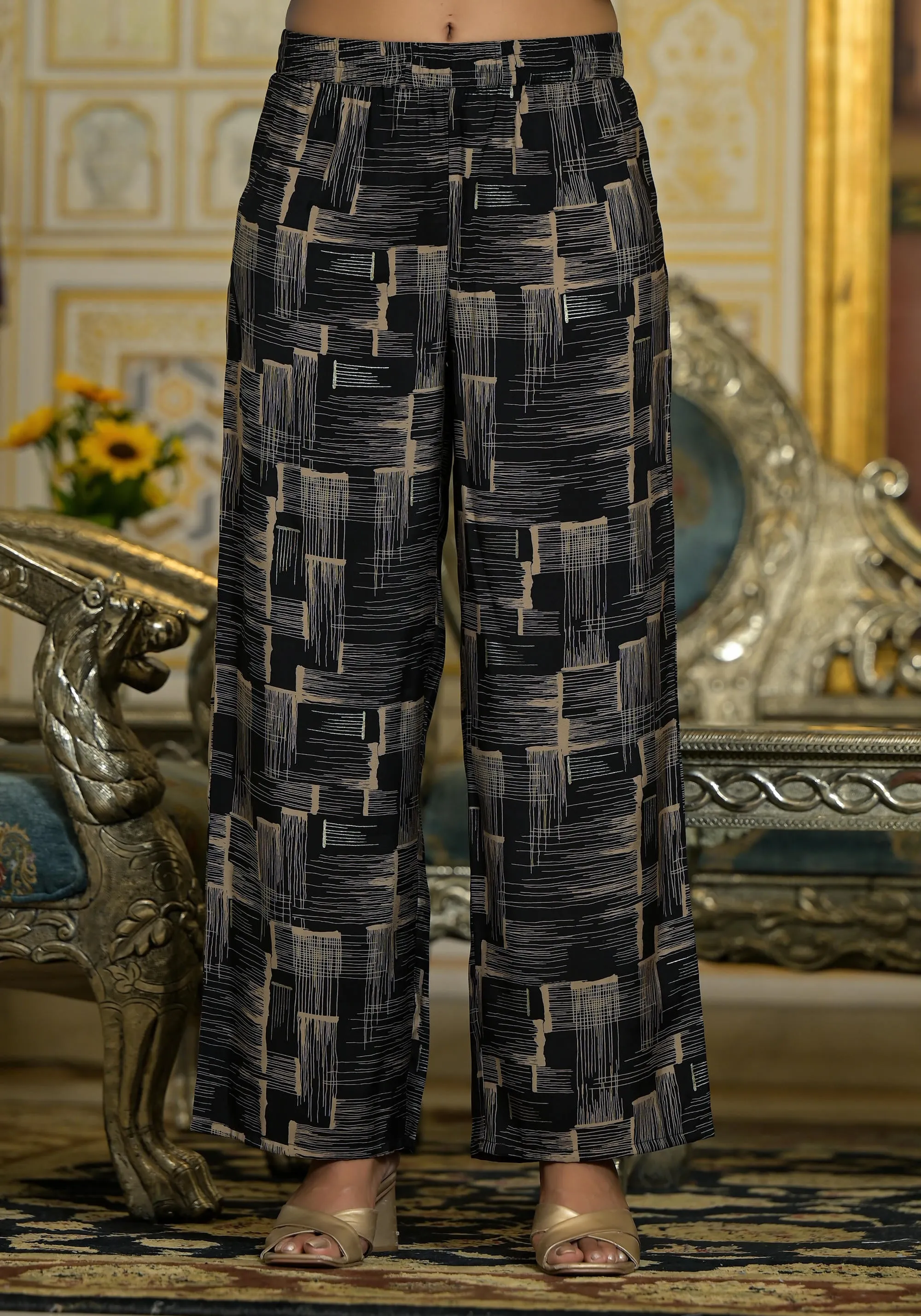 Black Thread Embroidered Viscose Kurta Pant And Dupatta Set With Abstract Printed Pants