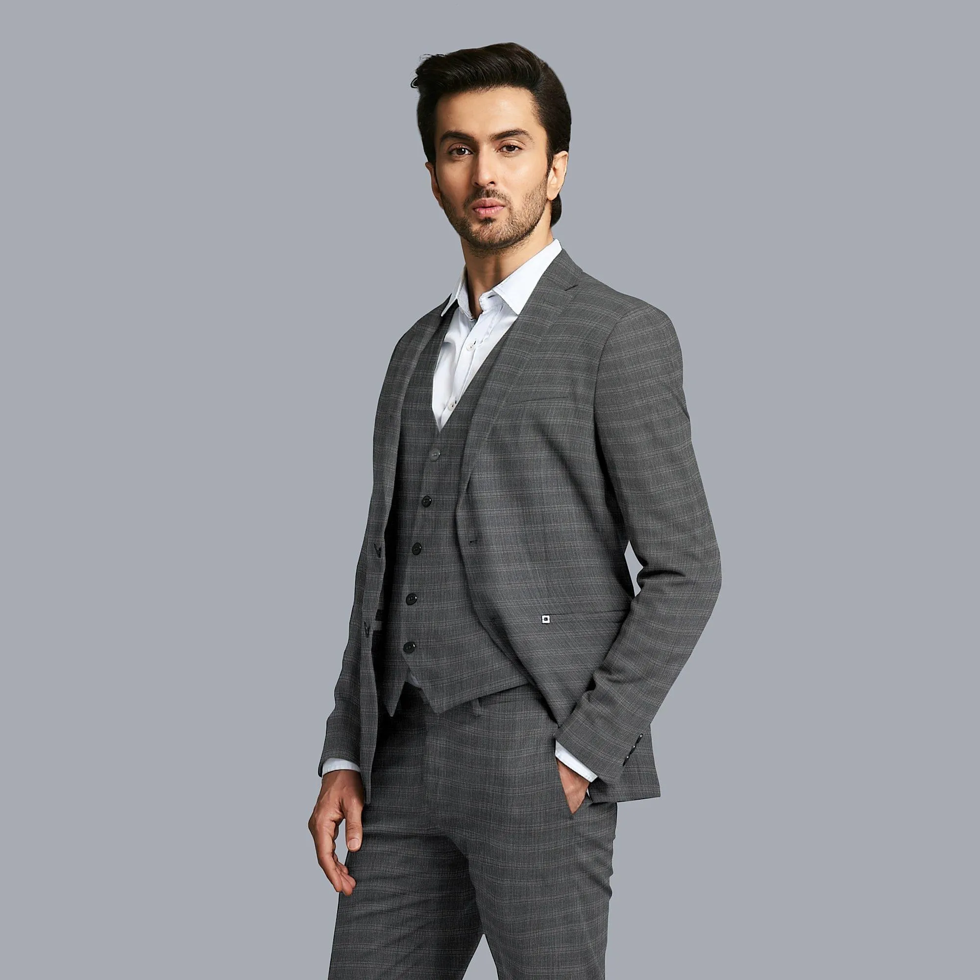 Charcoal grey Premium Italian wool suiting fabric with off white checks design-D11448