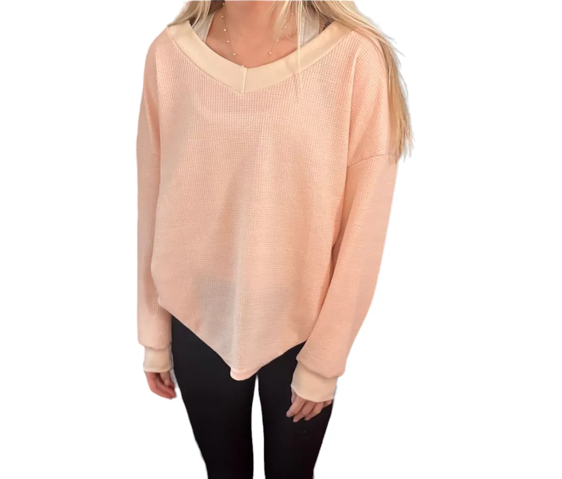 Chic Beige V-Neck Waffle Top