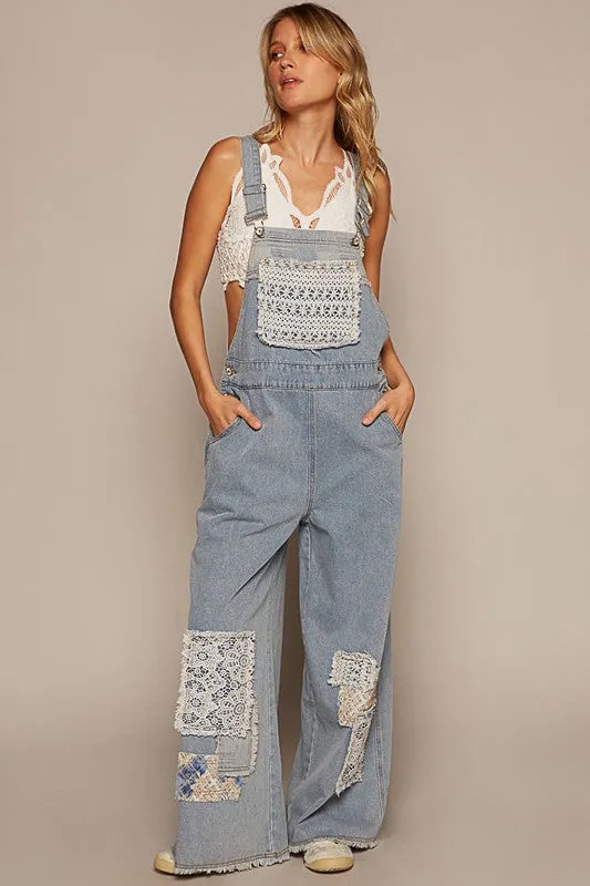 Crochet Patchwork Detail Denim Overalls