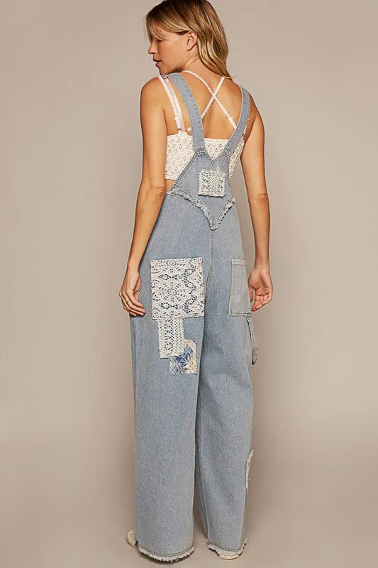 Crochet Patchwork Detail Denim Overalls