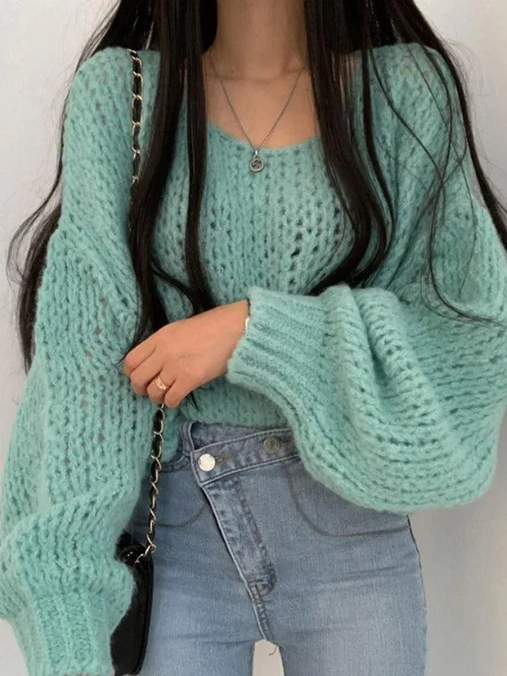 Cutout Lantern Sleeve Baggy Sweater