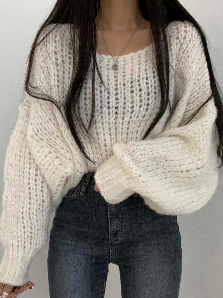 Cutout Lantern Sleeve Baggy Sweater