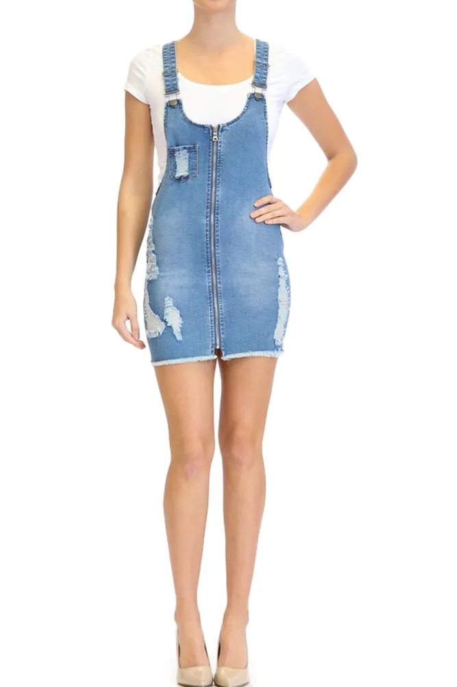 Destroyed Denim Overalll Zipper Dress