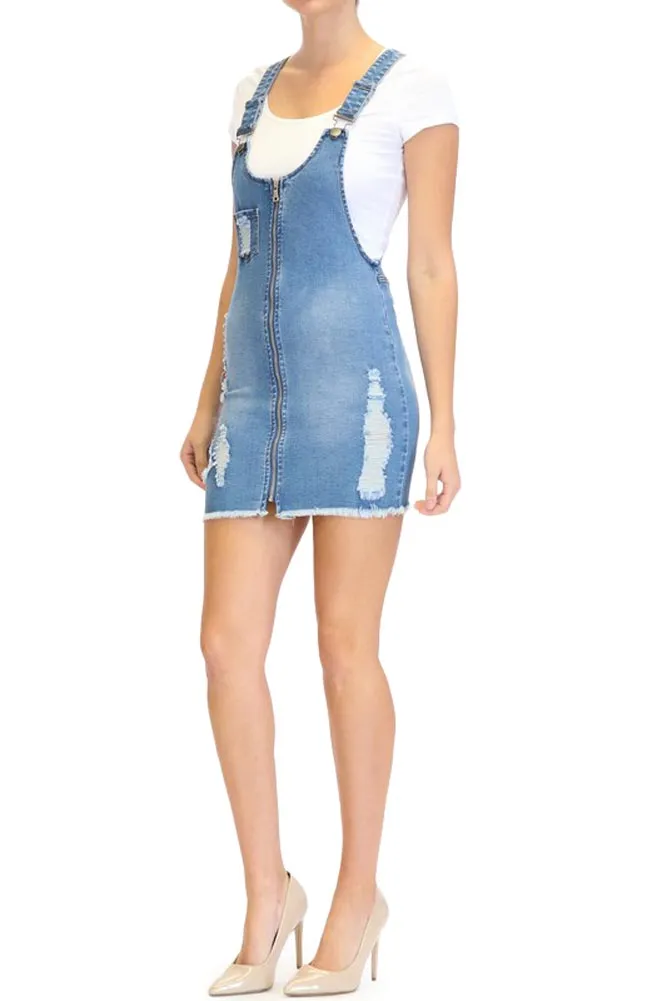 Destroyed Denim Overalll Zipper Dress