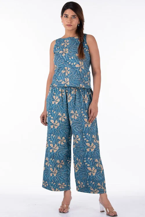 Dharan "Raag Crop Top" Blue Block Printed Top