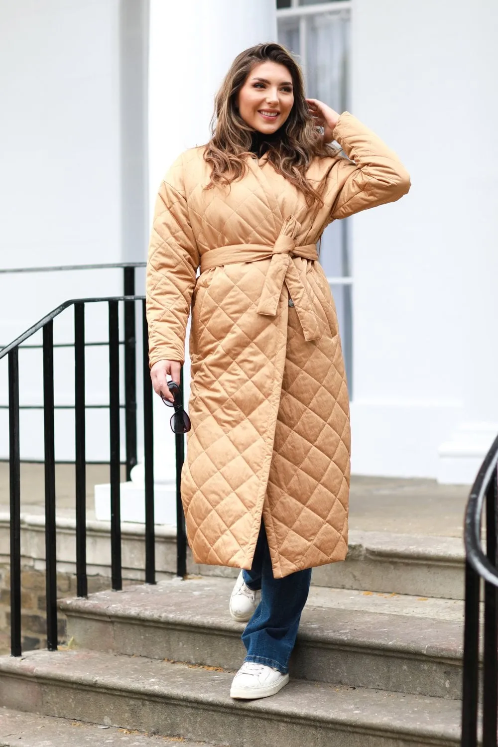 Double Second Camel Oversized Quilted Longline Wrap Coat