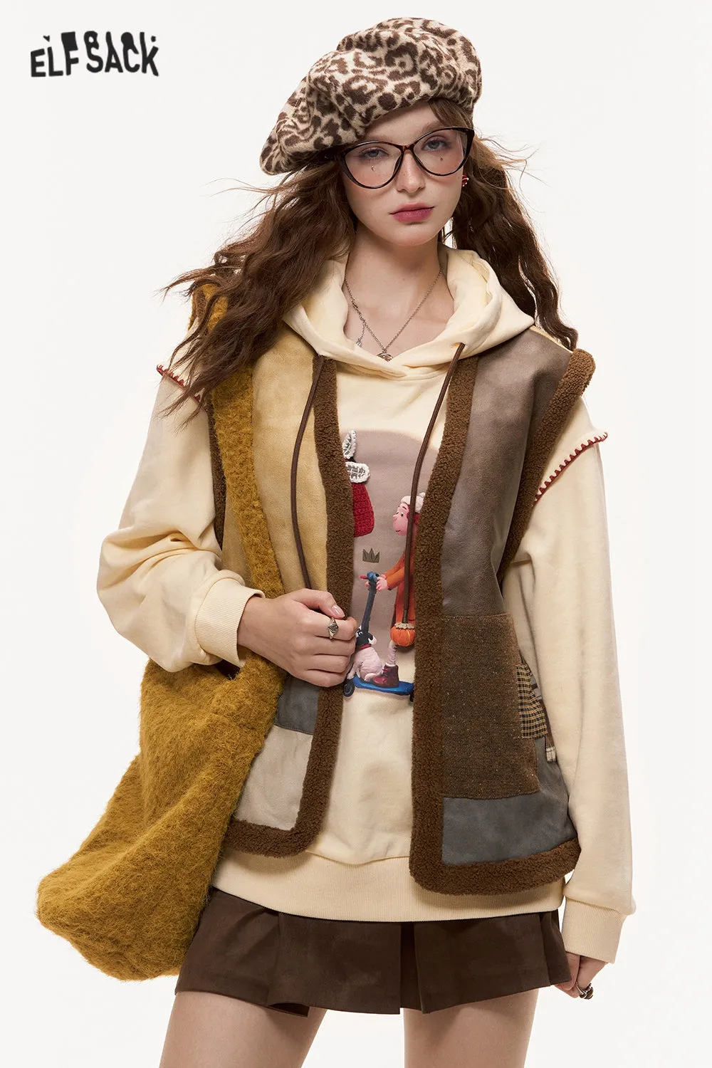 ELFSACK 2024 Autumn New Arrivals Retro Color Block PU Leather Vest for Women Plush Layering Gilet