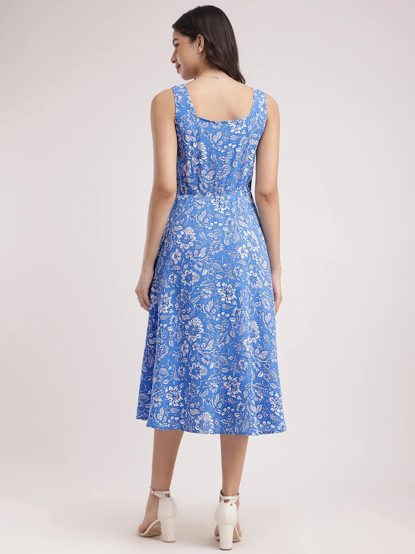 Fit And Flare Floral Dress - Blue And White