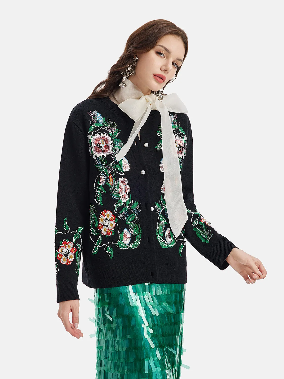 Floral Beaded Knit Sweater