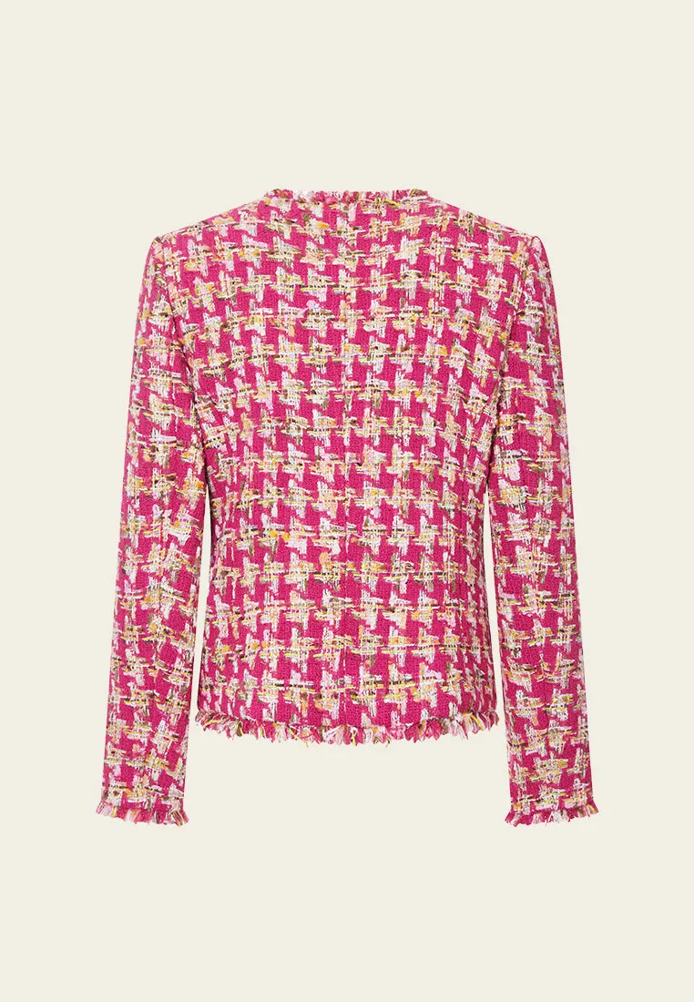 Fuchsia Houndstooth Frayed-trim Fantasy Jacket