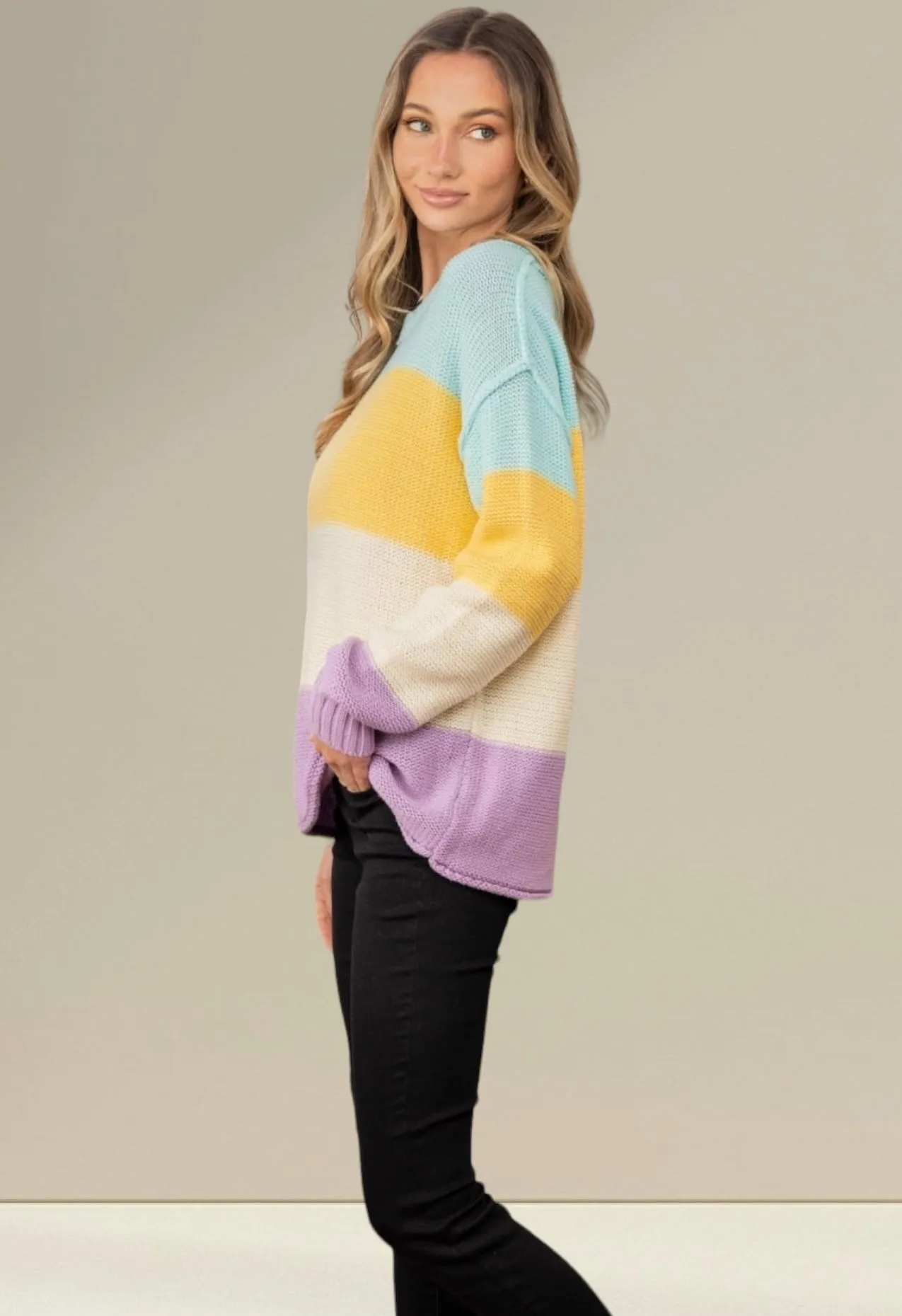 Full Size Color Block Exposed Seam Sweater