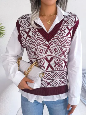 Geometric V-Neck Capped Sleeve Sweater Vest