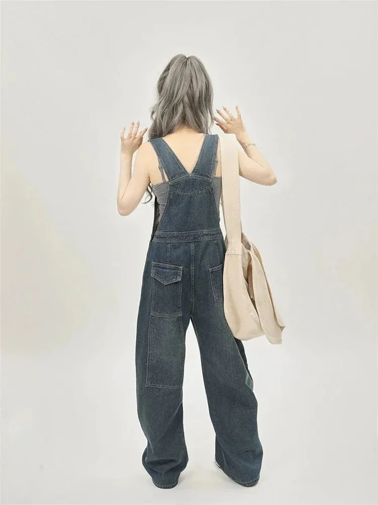 Girlary Women's Casual Blue Overalls Fashion Wide Leg Girl Suspender Jumpsuits Pants Female Streetwear Rompers Straight Denim Trouser