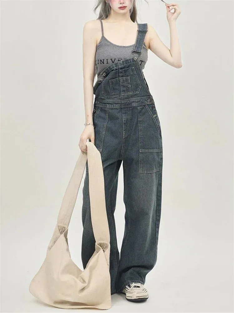 Girlary Women's Casual Blue Overalls Fashion Wide Leg Girl Suspender Jumpsuits Pants Female Streetwear Rompers Straight Denim Trouser