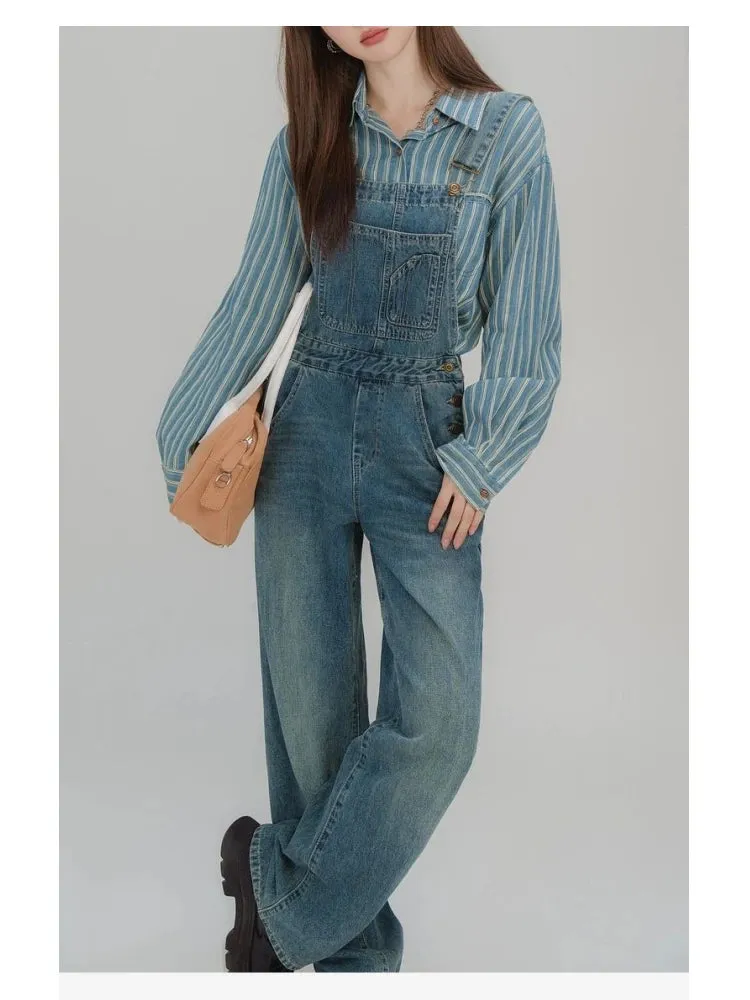 Girlary Women's Vintage Street Overalls Fashion Wide Leg Girl Suspender Jumpsuits Pants Female Streetwear Rompers Straight Denim Trouser