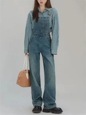 Girlary Women's Vintage Street Overalls Fashion Wide Leg Girl Suspender Jumpsuits Pants Female Streetwear Rompers Straight Denim Trouser