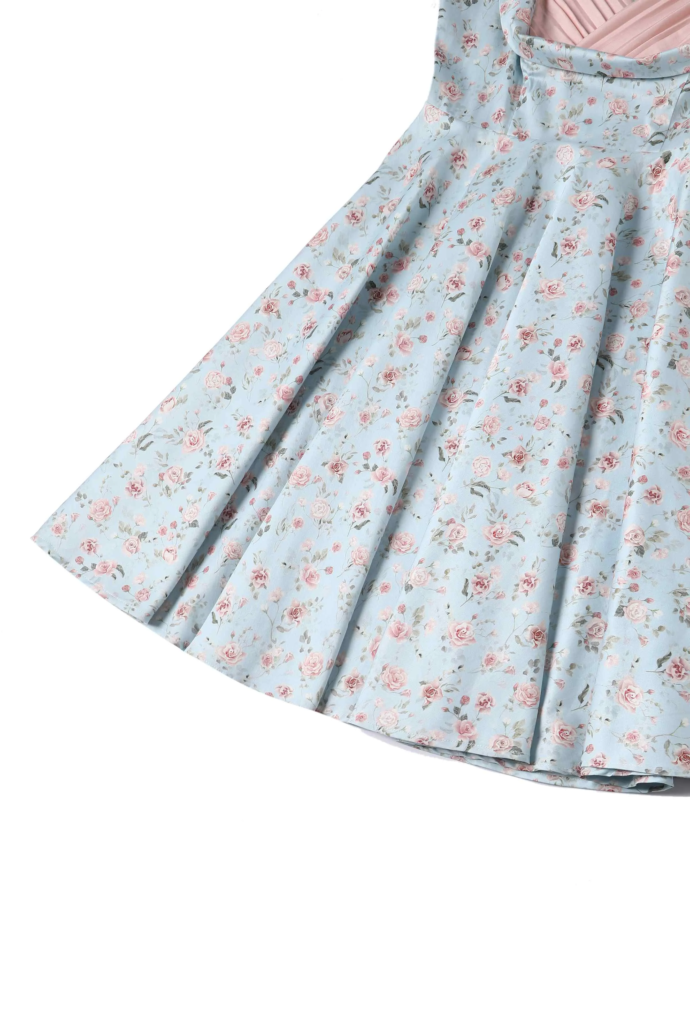 Grace Pleated Bust Dress in Baby Blue/Pink Floral Print