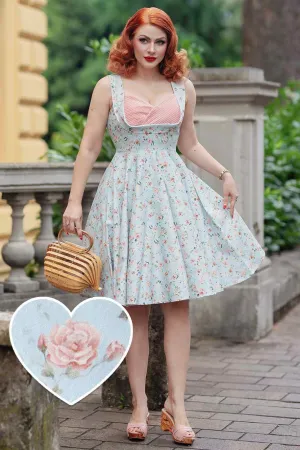 Grace Pleated Bust Dress in Baby Blue/Pink Floral Print