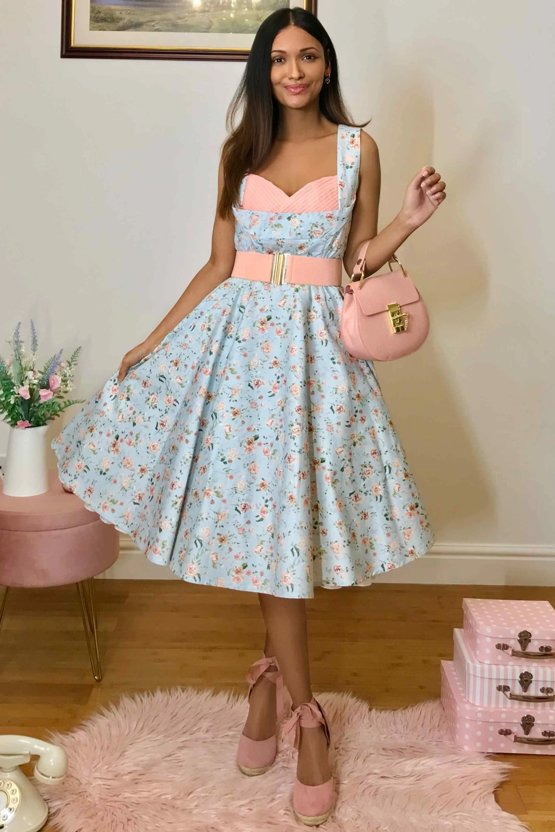 Grace Pleated Bust Dress in Baby Blue/Pink Floral Print