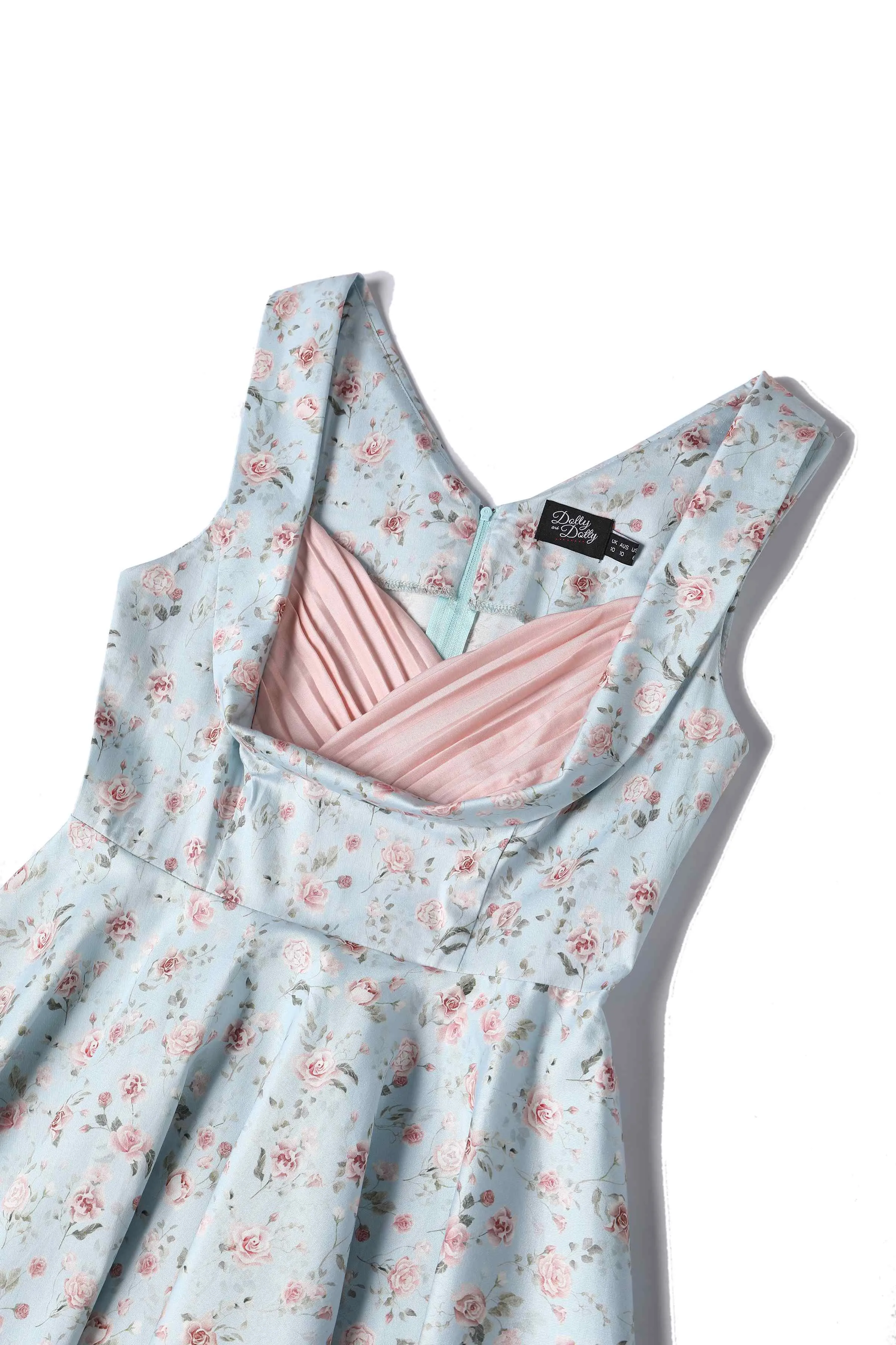 Grace Pleated Bust Dress in Baby Blue/Pink Floral Print